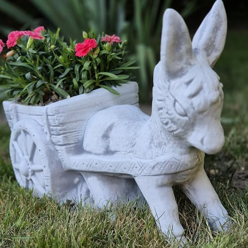 FABRIQ Ane avec chariot - Pot de fleurs en pierre artificielle - 16 kg - 35 cm - Résistant aux intempéries pour le jardin