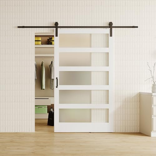 Lakenyon 48in x 84in Glass Barn Door with 4 Ft x 2 Sliding Door Hardware Kit, Handle, 5-Panel Frosted Glass, Solid Wood & MDF White-Primed Barn Door Panel, Pre-Drilled, Easy to Assemble
