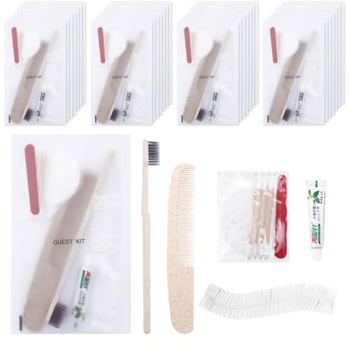 Reise-Zahnpasta und Bürste, Zahnbürste und Zahnpasta-Set, Mini-Toilettenartikel mit Zahnbürste, Zahnpasta, Hotel-Schminkset, Kamm, Duschhaube, geeignet für Hotel, Zuhause und Reisen (100 Stück)