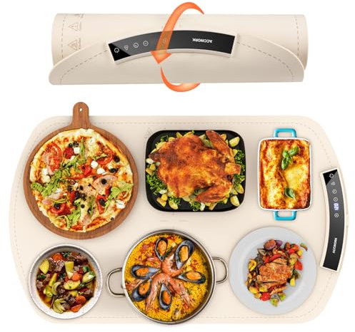 Accwork Electric Food Warmer, Portable Food Warming Tray with 6 Timers, 9 Temperature Settings, Waterproof Silicone Heating Mat for Buffet Party, Home Dinners & Gatherings, 65 x 40 x 1.8cm, Beige