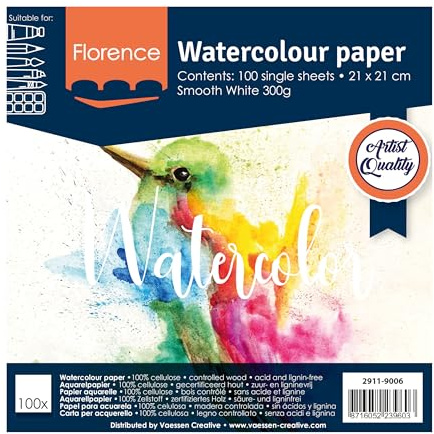 Florence Aquarellpapier Glatt - Zeichenblock für Aquarellfarben 21 x 21 cm - Weiß - Malblock für Wasserfarben - Künstlerbedarf und Scrabooking - 300 gsm