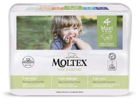 Pañales Infantiles Ecológicos Moltex Pure&Nature. Pañales Desechables. Pañales con Tecnología de Sequedad Instantánea. Hasta 12 Horas Seco. (1 Paquete, Talla 4)