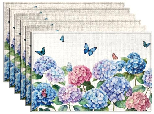 WADORN 6 pièce Set de Table Aquarelle Hortensia, 45x30cm Sets de Table Imprimés Floraux Hortensias Papillons Sets de Table Lavables en Polyester pour Vacances de Printemps Mariages Fêtes