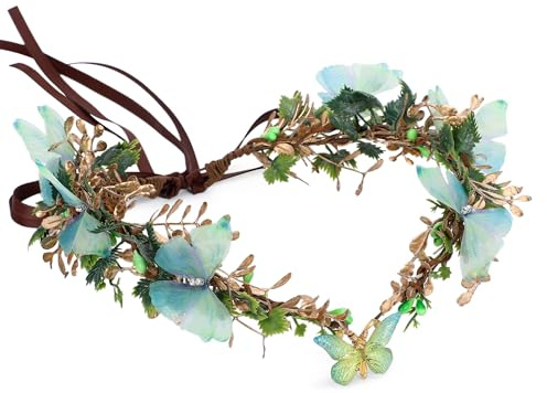 MOSTORY Handgefertigter Waldfeen Blumenkrone für Feen Kostüm Damen, Grün Elfen Kopfschmuck mit Schmetterling für Faschingskostüme Renaissance Cosplay