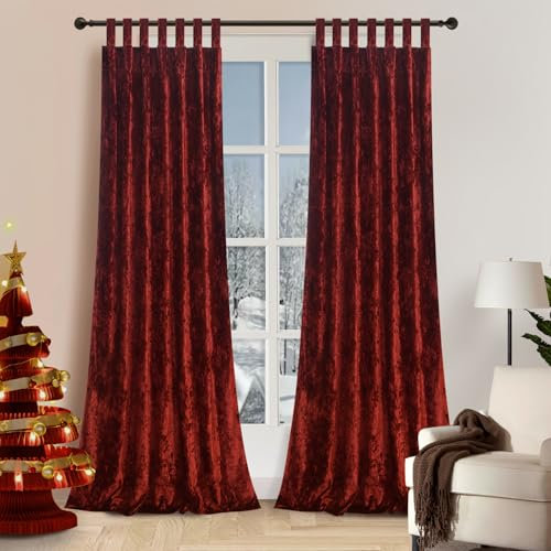 gisewood Lux Holiday Red Crushed Velvet Curtains 2 Panel Set - 84 inches Long Room Darkening Luxury Distressed Velvet Tab Top Window Drapes for Living Room Bedroom 52 W x 84 L