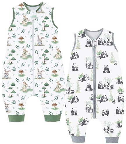Chilsuessy 2er Pack Baby Schlafsack Sommer mit Füßen 0.5 Tog 100% Baumwolle Kinder Sommerschlafsack für Jungen und Mädchen, Pilzkaninchen + Panda Home, 90cm/Baby Höhe 100-110cm