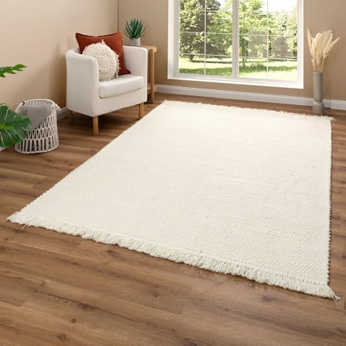 Steffensmeier Handweb Teppich Alois | 75% Neuseelandwolle Fransen | edel und langlebig | Creme, Größe: 250x350 cm