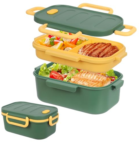 Minicoco Bento Lunch Box with Compartments 1800 ml 2 Layer Leak-Proof Bento Box Adult for Men Women, Large Capacity Breakfast Box, Bento Box for Work, School, Picnics (Green)