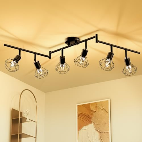 Deckenlampe LED Deckenleuchte 350° Deckenspots Lamp E14 6 Flammig Schwarz | Deckenstrahler Schwenkbar Schwarz Lampen Küchenlampe Wohnzimmer, Flurlampe Hanging Ceiling Modern für Küche, Flur,Schlafzimme