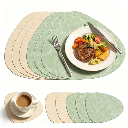 Set de Table et Dessous de Verre, Double Face Antidérapant Lavable Imperméable Set de Table, Dessous de Table en Cuir Polyvalent pour la Maison et Le Bureau（Vert Clair/Beige, Lot de 6
