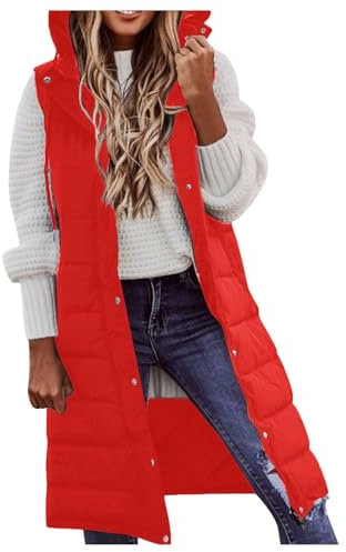 steppweste rot damen, Steppweste Damen Lang Leicht Weste Winter Daunenweste Übergangsweste Warmer Longweste mit Kapuze Ärmellos Softshelljacke mit Reissverschluss Taschen Wintermantel Rot 3XL