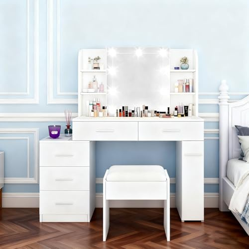 Komtopod Dressing Table with Mirror and Stool, Adjustable Brightness Vanity Desk with Mirror and Drawers Jewellery Storage LED Lights 3 Color Light, Makeup Desk for Bedroom