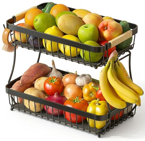 Fluxiora 2 Tier Large Fruit Bowl for Kitchen Storage with 2 Banana Hangers | Large Capacity Storage for Veg, Bread, Snacks, Easy to Assemble in 30 Seconds, Protective Mats Included to Prevent Bruising