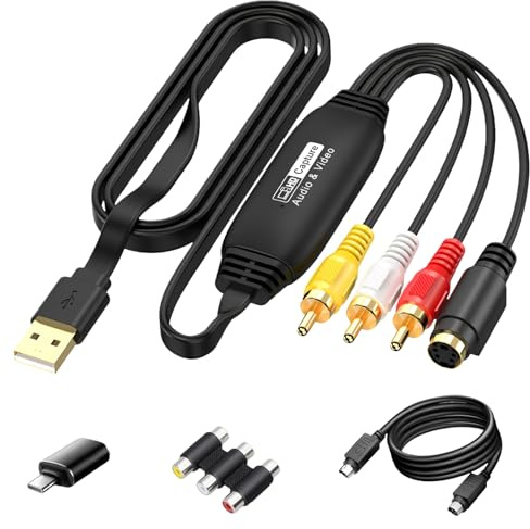 Convertisseur VHS Numérique, Video Grabber USB 2.0, Convertisseur CVBS & S-Video vers USB, Capture Vidéo HD 1080P, Adaptateur AV & RCA, Compatible Windows, Android et MacOS