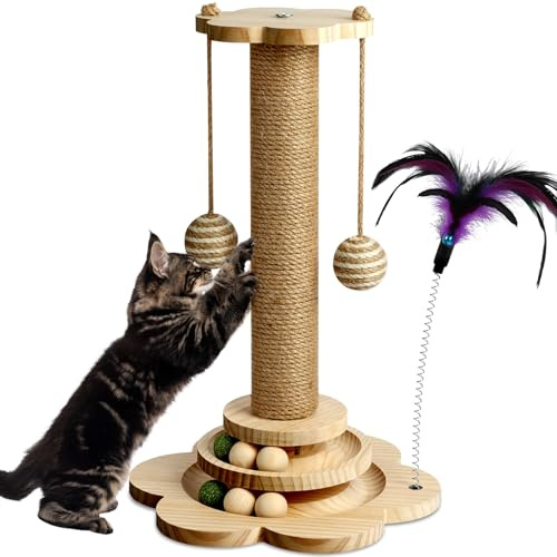 Vicloon Poste Rascador para Gato, Rascador para Gatos de Sisal Natural, con Suelo de Madera y Interactivos Bolas, Árbol Rascador para Gatos, 40 * 25 cm, Ideal para Afilado de Uñas y Diversión