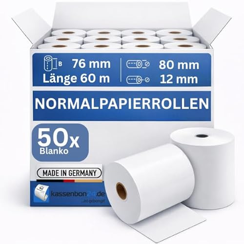 Kassenbon24.de Normalpapierrollen 76x80x12mm – 60m | 50 Stück | Bonrollen für Nadeldrucker Kassendrucker | Kein Thermopapier | Kassenpapier Kassenrollen mit Farbband