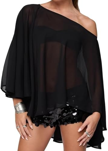 BABWWNIX Women's Y2k Lightweight Poncho Top Sheer See Through Shawl Shrug Top Sexy Chiffon Mesh Cape Cover Ups Flowy Shirt