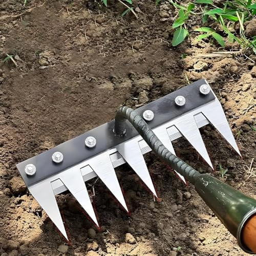 Râteau De Désherbage Manuel en Acier Carbone – 5/6/7/8 Dents, Durable Et Tranchant, Manche Ergonomique, Râteau Polyvalent pour Jardin, Désherbage, Labour Et Aération du Sol (5 Dents)