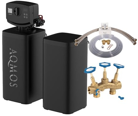 AQMOS FLEX-40 - Descalcificador de agua con kit de conexión de 1 y bloque de montaje de 1 para 2-4 personas, capacidad de 4000 L, con depósito de sal externo, descalcificador de agua para
