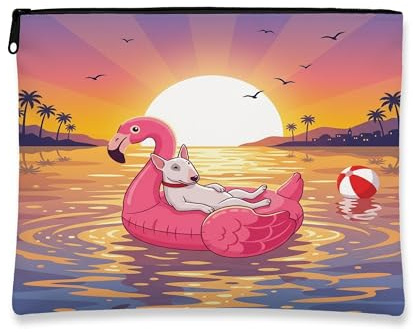 Funny Bull Terrier Dog Makeup Bag, Flamingos Lifebuoys Sea Cosmetic Travel Pouch for Women Girls, Pet Portable Small Canvas Zipper Organizer 7x9 Inch