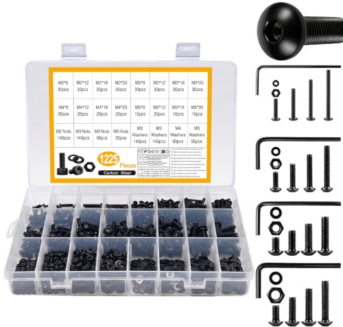 1225 Pcs Tornillos M2 M3 M4 M5, Set de Tornillos con Tuercas | tTornillos de Cabeza Redonda con Cabeza Hueca Hexagonal, Tornillería Hexagonales y Tuercas y Arandelas