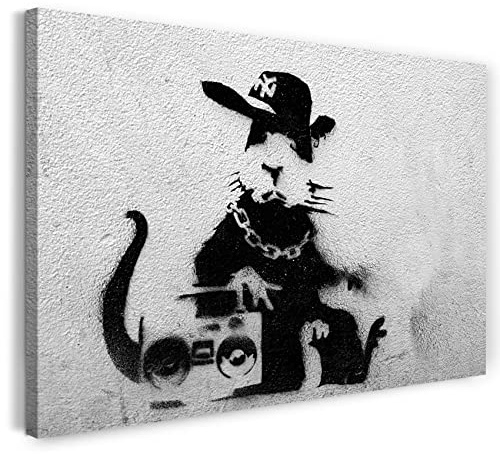 Printed Paintings Leinwand (100x70cm): Banksy - Ratte mit Ghettoblaster Rat Graffiti Kunst Street