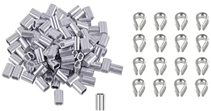 Eowpower 100 Pieces 1/8 inch Wire Rope Aluminum Sleeves Cable Crimps and 16 Pcs M3 Stainless Steel Thimbles