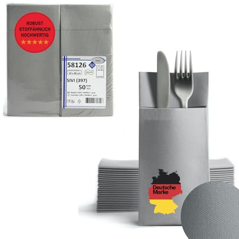 AROBA 100 Stück Vorgefaltete Airlaid Besteckservietten - 39x40 cm Stoffähnliche Einweg-Bestecktaschen mit Serviette, Robust & Besonders Saugstark - für Catering, Events, Hotel & Party - Grau