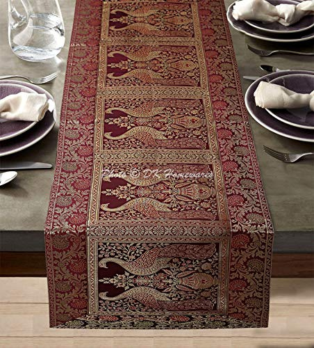 DK Homewares Indisches Traditionelleses Kaffee Brokat 60 X 16 Zoll Kaffeetisch-Dekor Tischläufer Jacquard Pfau Blumen- 5 Ft Rechteckig ESS-Herzstück ( 150 X 40 cm / Kaffee Gold )