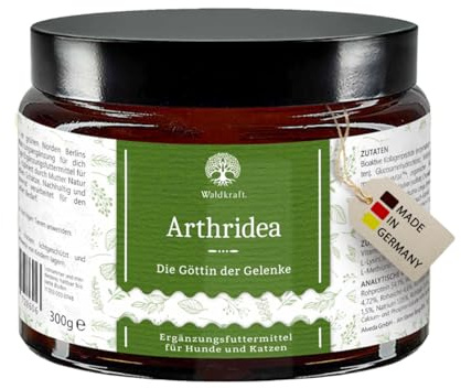 Waldkraft Arthridea Gelenkkomplex für Hunde & Katzen, 300 g Pulver | Mit MSM, Glucosamin, Chondroitin, Kollagen, Grünlippmuschel, Kurkuma & Weihrauch, Lichtschützender Braunglastiegel