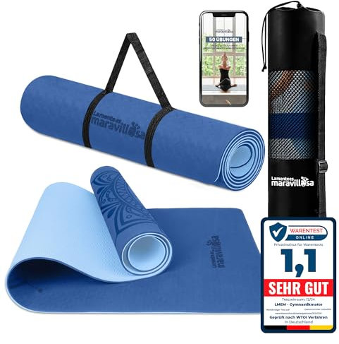 LA MENTE ES MARAVILLOSA - Gymnastikmatte, Rutschfest Yogamatte inkl. Tragegurt + Tasche + Übungs-E-Book, Gepolstert, Hautfreundliches TPE für Fitness/Pilates/Workout 183x61 cm (Mandala, Blau)