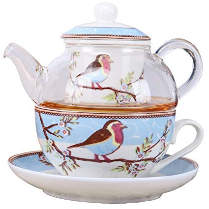 fanquare Juego de Té para Una Persona de Pájaros y Flores de Petirrojo Azul, Juego de Tetera con Taza de Café y Platillo de Porcelana con Tetera de Vidrio