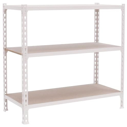 Simonrack Schwerlastregal, Lagerregal, 90x110x30 cm, Metallregal, Kellerregal, Biegestelle 200 kg, 3 Holzfachböden, Weiss/Holz - Maderclick