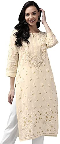 Ada Women's Hand Embroidered Traditional Indian Chikankari Pure Cotton off-White Kurta Kurti A411182 (XL)