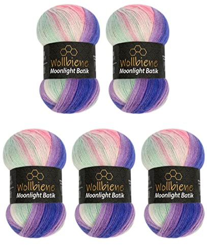 Wollbiene Moonlight Batik Strickwolle 500g - 5 x 100g zum Stricken und Häkeln - 20% türkische Farbverlaufswolle (3090 Purple Green Pink)