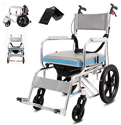 Faltbar Leicht Duschrollstuhl mit Armlehnen, Rollstuhl mit Bettpfanne, Duschstuhl für Senioren und Behinderte, Toilettenrollstuhl, Sitzbreite 45cm, Aluminium