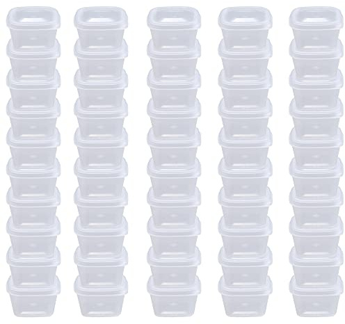 MIUPOO Taza de salsa cuadrada, taza de salsa de plástico, caja de salsa pequeña transparente, con cubierta de bisagra, se puede utilizar para todo tipo de salsas, cuadrado 50 juegos, 1 onza.