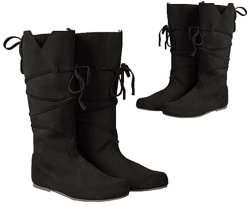 PU Leder Stiefel - Low Heel Mid Tube Ritter Stiefel - Renaissance Mittelalter Cosplay Stiefel für Cosplay Karneval Party,Schwarz,38