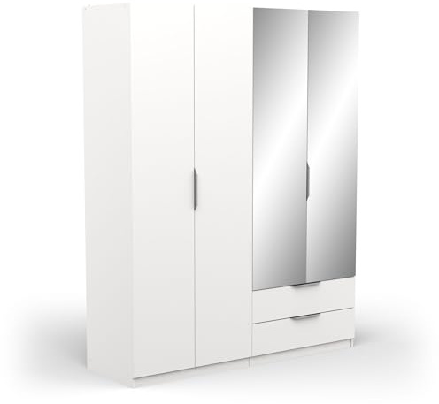 Demeyere Moderner Spiegel und Kleiderschrank 4 Türen 5 Einlegeböden 2 Schubladen – Farbe Weiß matt – 157,3 x 51,1 x 203 cm, Holzwerkstoff