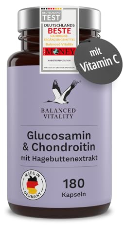 Glucosamin & Chondroitin Kapseln - 1400mg Glucosamin, 1200 mg Chondroitin, 80 mg Vitamin C pro Tagesdosis - 180 Kapseln für 2 Monate - laborgeprüft - Balanced Vitality