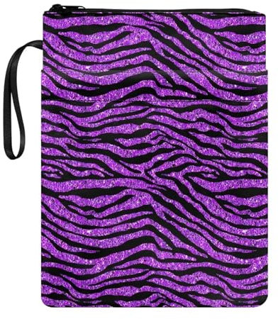 NETILGEN Glitzernde lila Zebramuster Buchhüllen für Taschenbuchhüllen für Buchliebhaber Book Sox Schutzhülle für Lehrbuchbörse mit Reißverschluss und Tasche