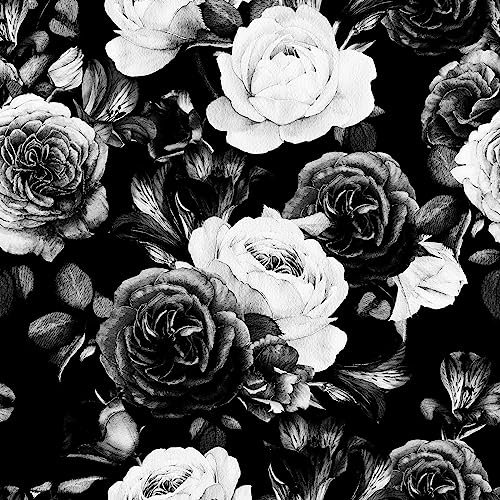 SOEWIOU Floral Peel and Stick Wallpaper,300 * 44.5cm Black/White Vintage Wallpaper Decorative Self-Adhesive Contact Paper for Living Room Bedroom Washroom Cabinet Wall
