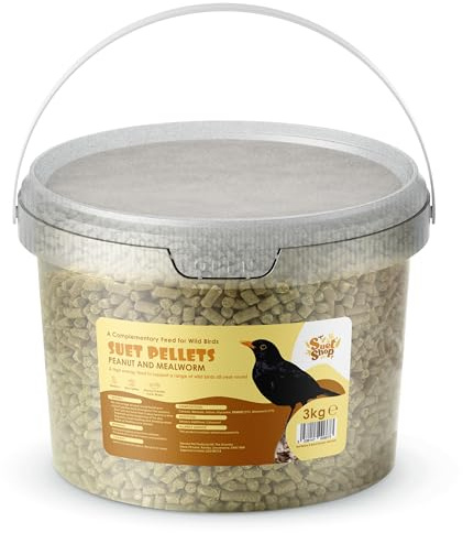 Suet Shop - Peanut & Mealworm Suet Pellets, 3kg Resealable Tub - Wild Bird Food Enriched with Human Grade Beef Tallow, High in Energy & Protein - All-Season Bird Feed - Manufactured In The UK