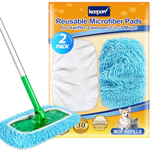 KEEPOW 2 Mehrweg Flachmopptuch überzug Waschbar, Wiederverwendbaren Tüchern für Swiffer Sweeper Feuchte Bodentücher Nass Trocken Nachfüllpack Tücher, Korallenvlies Chenille Mikrofaser Weiß Blau