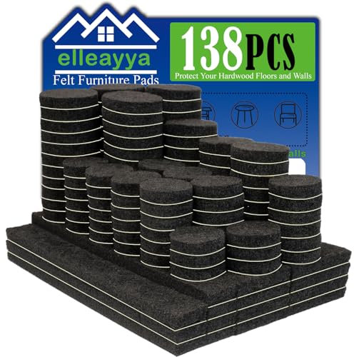 Super Sticky Felt Pads for Furniture Feet, Furniture Pads Floor Protectors (138PCS: Round 19/22/25mm & Rectangle 13/25/32mm, 5mm Thick, Black) Minimise Chair Movement Noise and Protect Floors