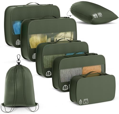GoMaihe Koffer Organizer Packing Cubes: XL Packwürfel 7-teilige Set | PET-Recycelte Packtasche| Müheloses Packen | Maschinenwaschbar | Kofferorganizer Set für Rucksack Koffer Kleidertaschen Grün