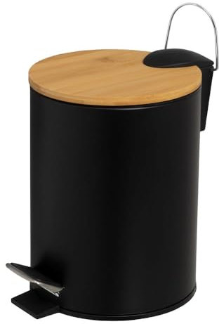Papelera de Baño Metal con Tapa de Bambú 3 Litros, Cubo de Basura con Tapa y Pedal (Negro)