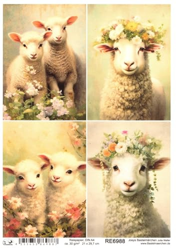 Josys Bastelmärchen Reispapier DIN A4 Strohseide Decoupage Motiv Ostern Schaf Lamm Blumen RE6988