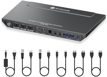AV Access KVM Switch Dock for a Laptop and 2 Desktop PCs, Dual 4K Monitor USB C Docking Station, Type-C 65W Charging for Laptop, Ethernet, EDID, Hotkey Switch, HDMI, 4K@60Hz, 1080P@240Hz, USB 3.0
