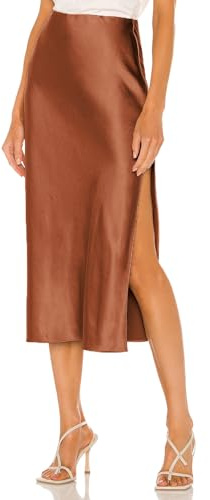 Dam satinkjol elastisk midja lång hög midja kjol elegant delad fåll midikjol midi affärskjol
